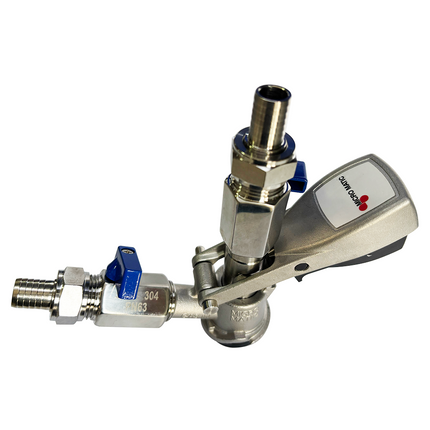 ACOPLADOR "D" PARA LAVADO/LLENADO Y CARBONATADO DE BARRILES, 100% INOX. MICROMATIC CON MANIJA DE PALANCA
